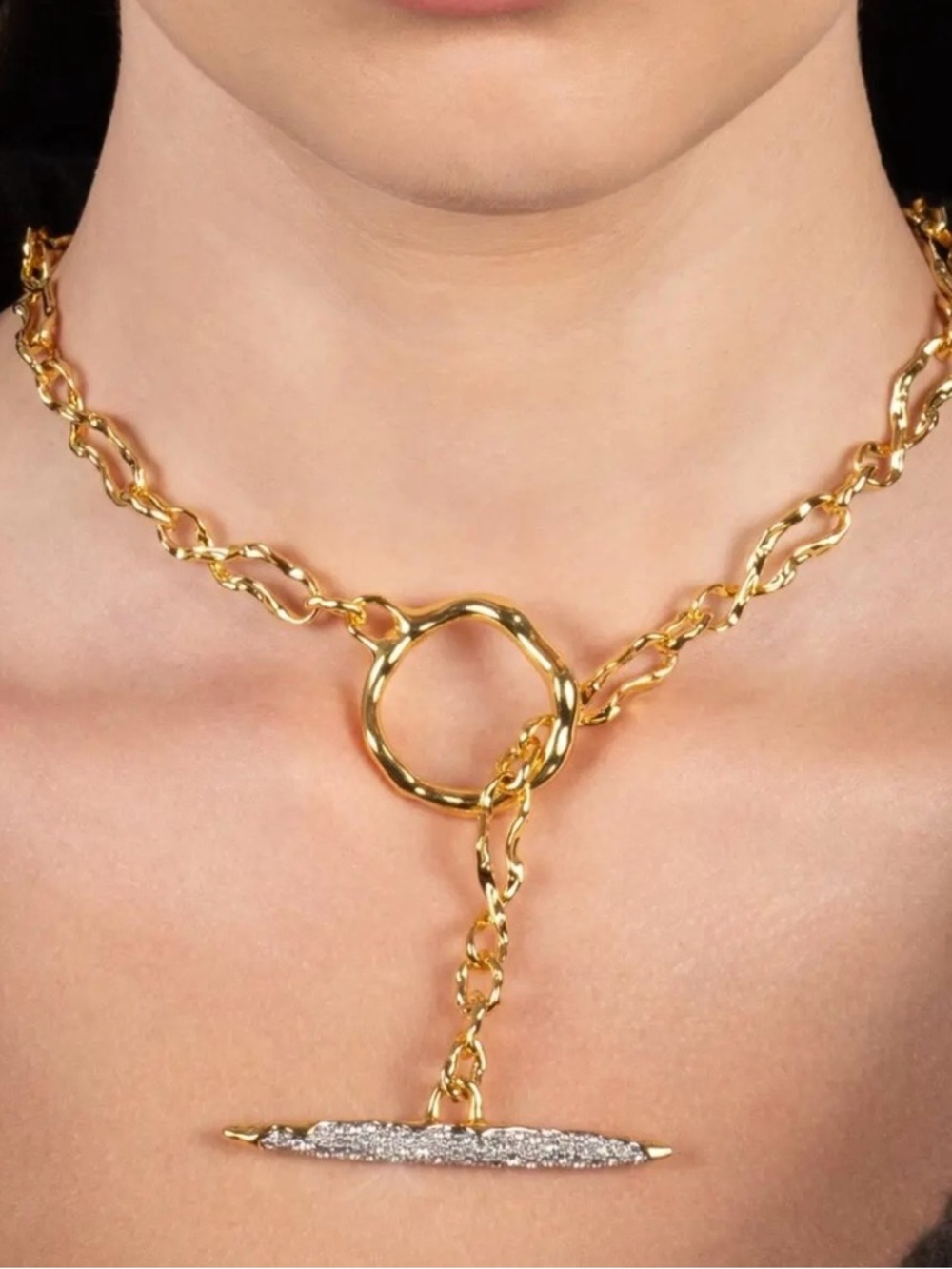 Alexis Bittar Gold-Tone Chain Lariat Necklace with Pavé Bar